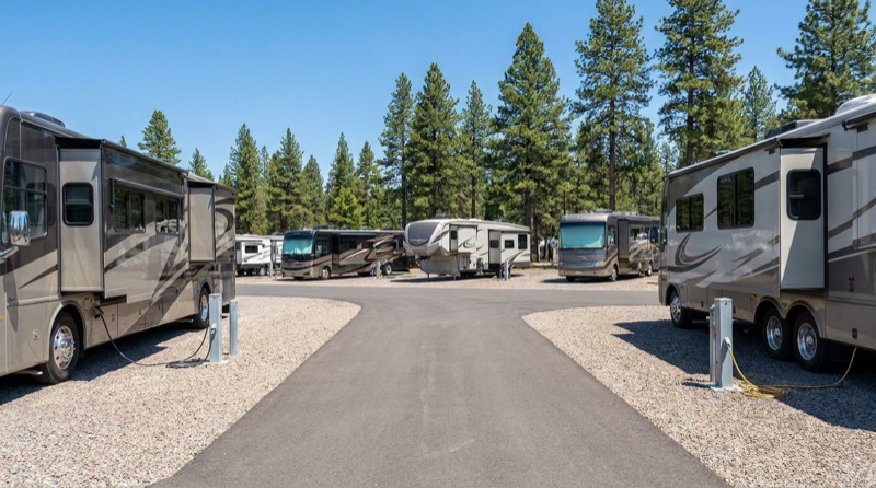 Recreational vehicles parked at an RV park